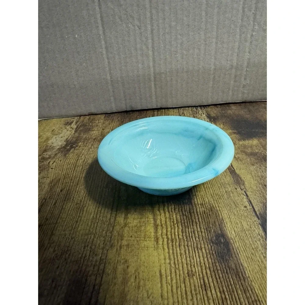 Vintage 70's Avon Aqua Milk Glass Vanity Bowl Floral Trinket Tray Jewelry Dish